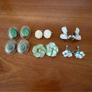 Vintage Clip On Earrings Lot of 6 Antique Jewelry Earrings Sage Sea green Gold